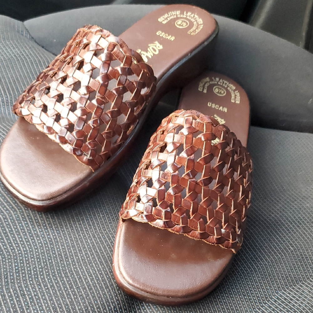 Romano Brown Genuine Leather Woven Mules Size 5.5